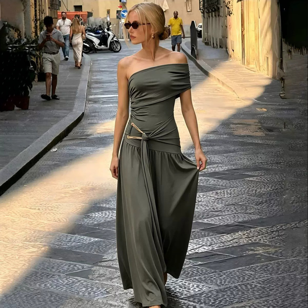 H&M Winter One Shoulder Asymmetric Sleeveless Tie Bodycon Maxi Dress Slit